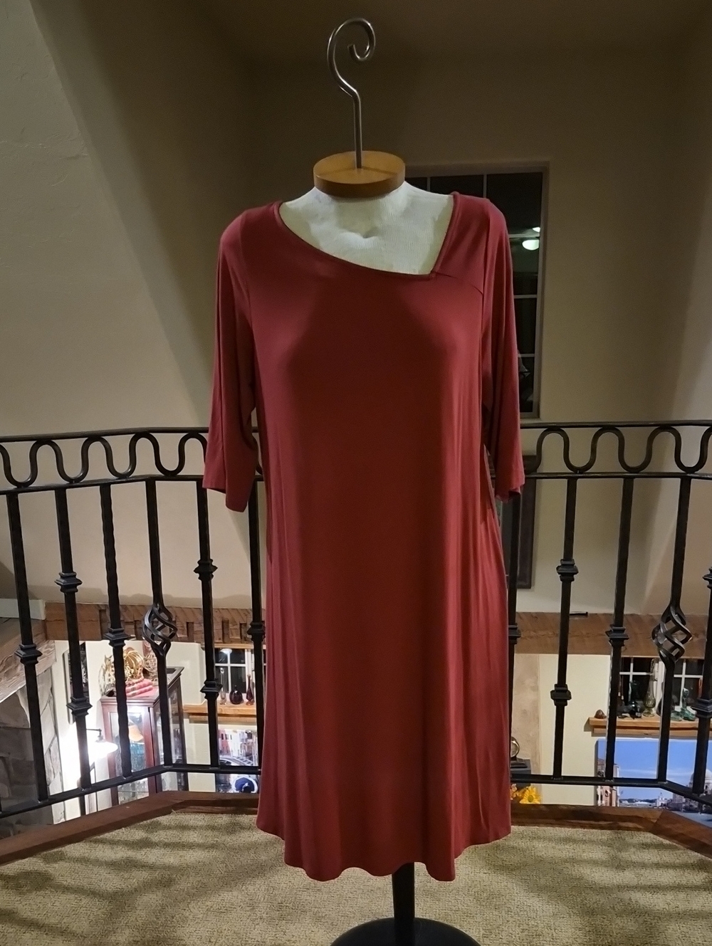 Eileen Fisher Rust Asymmetrical Neck A-Line 3/4 Sleeve Dress